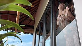 Hot babe in fishnets gets intense doggystyle quickie recorded