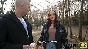 Hungarian teen with small tits gets picked up for sex while old cuck watches