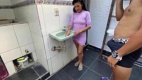 Help your skinny stepdaughter wash the bathroom for pussy milking