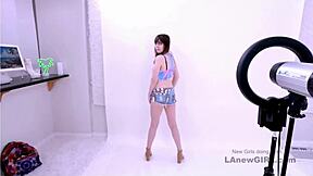 girl next door model gets fucked at a modeling audition, starting with massage and ending in cum swallow on sofa