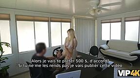 Allie rae, the pretty blonde, gives her wet pussy to the credit agent for cash.