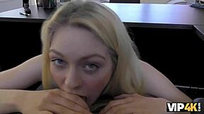 Allie rae, the pretty blonde, gives her wet pussy to the credit agent for cash.