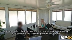 Allie rae, the pretty blonde, gives her wet pussy to the credit agent for cash.