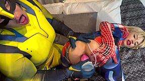 Bold anal with Wolverine and Spider-Woman in costumes.