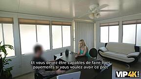 Allie rae, the pretty blonde, gives her wet pussy to the credit agent for cash.