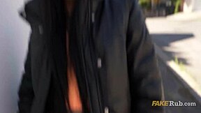 Petite latina exhibitionist shows pussy and gives blowjob during outdoor casting interview