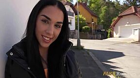 Petite latina exhibitionist shows pussy and gives blowjob during outdoor casting interview
