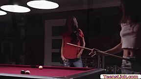 stepmom teaches stepdaughter to play billiard