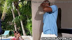 Petite ebony teen joins daddy and father-in-law for monster cock threesome.