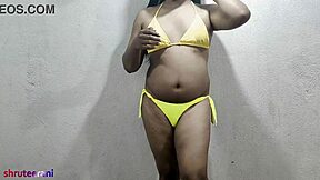 Indian Shemale in Lime Bikini Crossdresses and Masturbates!