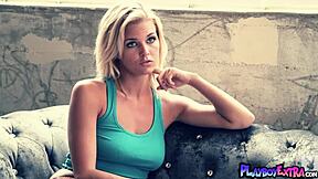 Mischievous blonde diva hunter mccloud taking off sexy satin lingerie?