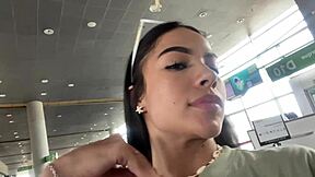 Amateur teen passenger masturbates with creamy orgasm in airplane bathroom, focusing on public fetish and squirting panties play outdoors.