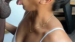 amateur couple where brunette gets huge cock in mouth with ball licking and deepthroat