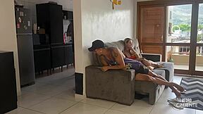 Housewife Blows Friend While Husband Cooks!