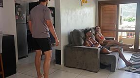 Housewife Blows Friend While Husband Cooks!