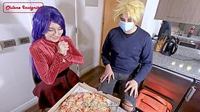 Desperate housewife in costume dresses up and rides pizza delivery guy cowgirl style for cum salsa lunch outdoors