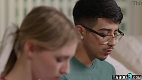 Teen cheerleader Melody Marks loses her virginity to a shy guy's dark cock.