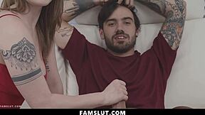 stepsister rides brother's cock while watching tv