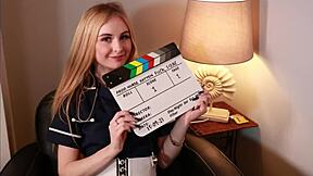 Adorable British nurse with blue eyes and natural tits gives first-time blowjob to patient. But why does she end up covered in cum during outdoor hospital fuck?