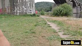 Hot brunette girlfriend turns into cash slut fucking big cock while boyfriend watches in public 😈💦