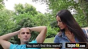 Hot brunette girlfriend turns into cash slut fucking big cock while boyfriend watches in public 😈💦