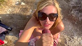 out in the mountains, this cute blonde teen babe teases with flashing before dropping to her knees for a deepthroat blowjob and facial cumshot