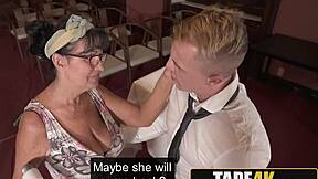 Hey, this kinky big tits gilf cleaner is comforting that heartbroken groom at work