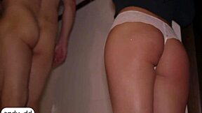 Busty brunette babe gives deepthroat blowjob with cumshot in mouth during bathroom encounter