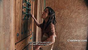 tiny lesbian straps on and fucks dainty delivery girlie's shaved pussy?