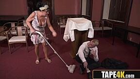 Hey, this kinky big tits gilf cleaner is comforting that heartbroken groom at work