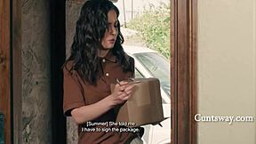 tiny lesbian straps on and fucks dainty delivery girlie's shaved pussy?