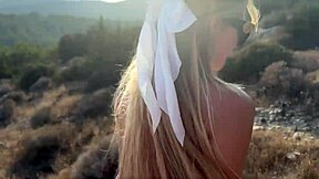 out in the mountains, this cute blonde teen babe teases with flashing before dropping to her knees for a deepthroat blowjob and facial cumshot