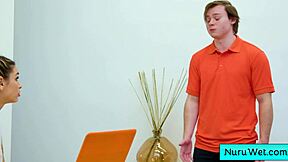 Sexy teen 18+ masseuse Delilah Day covers her naked body in nuru gel and rubs against client Anthony Pierce for wet pleasure.