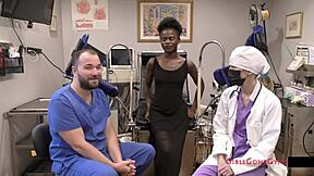 i'm rina arem in backstage nurse role with shaved pussy spreading and gaping checkup