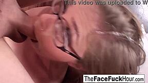 Teen with glasses eagerly slobbers on his throbbing hard cock