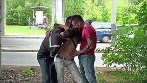 Young cute teen 18+ skinny chick gets banged in public gangbang orgy threesome with doggystyle and blowjob.