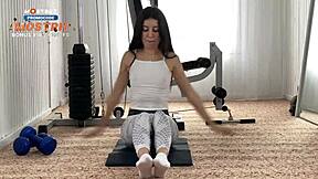 Athletic Girl Gets Double Penetration into Tight Pussy After Workout with Big Cock Blowjob and Cum in Mouth in Homemade Threesome