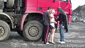 Petite Blonde Teen Gets Fucked In Public Threesome By Two Guys At Construction Site With Blowjob And Boobs Action