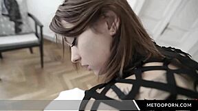 Bold cute brunette teen in stockings gives blowjob and doggystyle fuck with shaved pussy to stranger