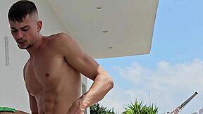 Come watch me fuck Tommy Cabrio on the balcony with neighbors staring! Muscular bodybuilder with fake tits orgasms outdoors.