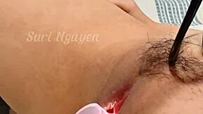 Viet Nam inner exploration of beautiful wet tight pussy inside, how does it feel to check that hairy vagina up close?