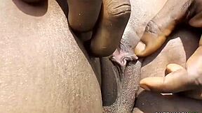 cheating wife gets fucked doggystyle by husband's friend outdoors. big black monster cock creampie in wet ebony pussy.