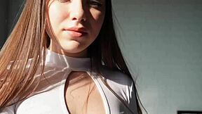 Babysitter brunette teen 18+ takes deepthroat blowjob and cowgirl riding from teacher in homemade creampie scene outdoors