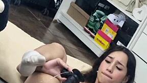 Skinny Brazilian latina contrasts lingerie with intense anal masturbation using black rubber cock