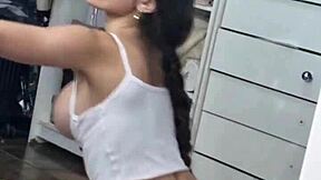 Skinny Brazilian latina contrasts lingerie with intense anal masturbation using black rubber cock