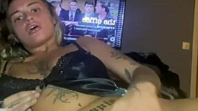 Horny goth slut bends over to fuck her tight ass with big tits bouncing.