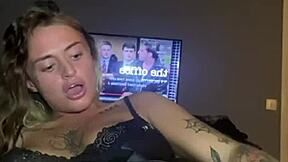 Horny goth slut bends over to fuck her tight ass with big tits bouncing.