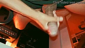 Amateur muscular latino bodybuilder masturbates big cock after gym workout leaking cum in boxers while moaning in dorm.