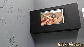 This small brunette teen is at the gloryhole fucking sucking and tugging big cock for cum in mouth.