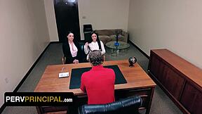 Oh no, the corrupt vice principal got caught embezzling, now her ass and pussy pay the price in this threesome.